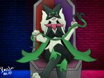  anthro bra chair clothing dalia_(rhode_arts) dominant dominant_female dominatrix female furniture generation_9_pokemon meowscarada nintendo plant pokemon pokemon_(species) rhode_arts solo throne underwear video_games vine_whip whip 