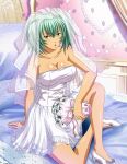  1girl :o alternate_costume arm_support bangs bare_arms bouquet breasts bridal_veil cleavage collarbone dress flower green_hair hair_between_eyes high_heels holding holding_bouquet ikkitousen indoors large_breasts long_hair looking_at_viewer on_bed open_mouth pumps ryofu_housen shiny shiny_hair shiny_skin short_dress sitting solo strapless strapless_dress veil wedding_dress white_dress white_flower white_footwear yellow_eyes 