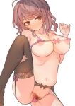  1girl areola_slip black_thighhighs breasts brown_eyes brown_hair cleavage closed_mouth covered_nipples large_breasts leg_up looking_at_viewer navel nipple_slip nipples original pubic_hair pubic_hair_peek short_hair simple_background smile solo thighhighs tsukeo white_background 