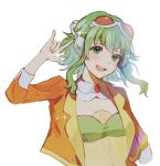  1girl \m/ ariel_(prayerofrot) brooch collar commentary detached_collar goggles goggles_on_head green_eyes green_hair green_tube_top gumi gumi_(ai_megpoid) headphones jacket jewelry looking_at_viewer medium_hair open_mouth orange_jacket red_goggles seikan_hikou shirt sidelocks smile solo sparkle strapless tube_top upper_body vocaloid voice_actor_connection white_background white_collar yellow_shirt 