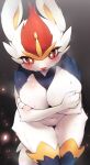  anthro biped blue_body blush bodily_fluids breasts cinderace covering covering_breasts featureless_breasts female generation_8_pokemon glistening glistening_eyes hi_res looking_at_viewer navel nintendo pokemon pokemon_(species) red_eyes sen_light simple_background solo sweat thick_thighs video_games white_body 