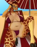  4:5 absurd_res anthro auburn_hair beach beach_chair beach_umbrella big_breasts bikini bikini_bottom bikini_top braided_hair breasts brown_eyes chair clothed clothing connie_(nsfowork) countershading curvy_figure eyelids eyewear female footwear fur furniture giraffe giraffid grin hair hi_res hooves horn horn_jewelry jewelry looking_at_viewer lying mammal markings natural_breasts nsfowork orange_body orange_fur ossicone outside public sand sandals sea seaside sexy_eyes shell_necklace sky smile solo spots spotted_body spotted_fur spotted_markings sunglasses swimwear thick_thighs voluptuous water yellow_body yellow_fur 