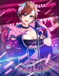  1girl anniversary belt blue_crystal_(module) blue_eyes blush brown_hair choker commentary crown feather_hair_ornament feathers gloves hair_ornament happy highres looking_at_viewer meiko_(vocaloid) microphone music nhrg806 nostalogic_(vocaloid) project_diva_(series) short_hair singing skirt solo vocaloid 