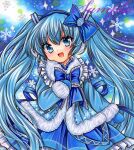  1girl :d bangs blue_background blue_bow blue_eyes blue_hair blue_jacket blue_mittens blue_ribbon blue_skirt blue_theme blush bow bowtie commentary cowboy_shot crystal frilled_shirt_collar frills fur-trimmed_jacket fur_trim hair_between_eyes hair_bow hatsune_miku jacket long_hair long_sleeves looking_at_viewer marker_(medium) mittens open_mouth ribbon rui_(sugar3) sample_watermark skirt smile snowflakes solo sparkle standing traditional_media twintails very_long_hair vocaloid yuki_miku yuki_miku_(2012) 