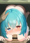  1boy 1girl ass bangs bar_censor blue_eyes blue_hair blush breasts censored commentary_request completely_nude fellatio full_body hand_on_another&#039;s_head heart heart-shaped_pupils hetero heterochromia large_breasts looking_at_viewer nose_blush nude open_mouth oral paid_reward_available penis piyodesu pointless_censoring pov red_eyes short_hair solo_focus symbol-shaped_pupils table tatara_kogasa touhou under_table 