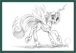 2015 absurd_res arthropod ball black_border border butt changeling female feral friendship_is_magic graphite_(artwork) hair happy hasbro hi_res horn long_hair long_tail looking_at_viewer looking_back looking_back_at_viewer monochrome my_little_pony pencil_(artwork) quadruped queen_chrysalis_(mlp) simple_background smile solo text traditional_media_(artwork) uminanimu url white_background wings 