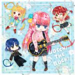  4girls bangs black_skirt black_socks blonde_hair blue_eyes blue_hair blue_skirt blush bocchi_the_rock! bow brown_footwear electric_guitar full_body gotou_hitori green_eyes grey_skirt guitar hair_between_eyes hair_cubes hair_ornament holding holding_instrument ijichi_nijika instrument jacket jersey kikuchi_milo kita_ikuyo loafers long_hair long_sleeves mole mole_under_eye multiple_girls one_side_up open_mouth pink_hair pink_jacket plaid plaid_skirt pleated_skirt red_bow red_hair school_uniform shoes short_hair side_ponytail sidelocks skirt smile socks solo_focus track_jacket yamada_ryou 