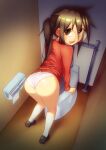  1girl ass blazer brown_eyes brown_hair come_hither from_above from_behind ga_geijutsuka_art_design_class glasses jacket kneepits long_hair looking_at_viewer no_pants open_mouth osanadaisuke panties ponytail red_jacket socks solo toilet toilet_paper underwear white_panties white_socks yamaguchi_kisaragi 