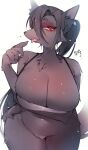 anthro biped breasts canid cleavage clothed clothing fangs female glistening glistening_body glistening_breasts grey_body hair hand_under_breast hi_res long_hair mammal open_mouth red_eyes sen_light simple_background solo tongue tongue_out white_background 