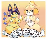  3_fingers absurd_res animal_bikini animal_crossing animal_print ankha_(animal_crossing) anthro areola beverage big_breasts big_butt bikini breasts butt canid canine canis clothing collar container cow_bikini cow_print cow_print_bikini cow_print_thighhighs digital_media_(artwork) domestic_cat domestic_dog duo eyelashes felid feline felis female fingers frown fur hair hair_bell hi_res holding_beverage holding_object isabelle_(animal_crossing) kneeling legwear looking_back mammal midriff navel nintendo onigiri_punch pattern_clothing pattern_swimwear shih_tzu simple_background smile solo swimwear thick_thighs thigh_highs toy_dog video_games yellow_body yellow_fur 