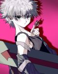  1boy bare_shoulders between_fingers commentary green_eyes highres holding hunter_x_hunter kasukasugom1 key killua_zoldyck looking_at_viewer male_child male_focus messy_hair pink_background skateboard solo upper_body white_hair 