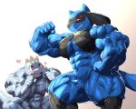  &lt;3 5:4 abs anthro biceps big_biceps big_muscles big_pecs blush canid canine duo flexing generation_1_pokemon generation_4_pokemon hi_res huge_biceps kuroma looking_at_viewer machop male mammal muscular muscular_anthro muscular_male muscular_thighs nintendo nipples pecs pokemon pokemon_(species) riolu simple_background sitting smile standing tagme teeth veiny_muscles video_games white_background 