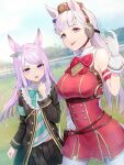 2girls absurdres animal_ears aqua_bow bare_shoulders bow breasts buttons double-breasted dress ear_bow gloves gold_ship_(umamusume) grey_hair highres horse_ears horse_girl large_breasts long_hair long_sleeves looking_at_viewer mejiro_mcqueen_(umamusume) multiple_girls pantyhose pillbox_hat purple_eyes purple_hair red_bow red_dress sleeveless sleeveless_dress tem_(tempainting1) tongue tongue_out umamusume very_long_hair white_gloves white_pantyhose 