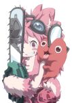  1boy 1girl 1other animal_ears bondrewd chain chainsaw chainsaw_man character_request commentary commentary_request furry goggles goggles_on_head highres holding holding_weapon long_hair made_in_abyss mitty_(made_in_abyss)_(furry) open_mouth pink_eyes pink_fur pink_hair pochita_(chainsaw_man) reflection simple_background smile teeth tongue tongue_out weapon white_background ximu_shilang 