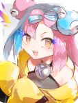  1girl absurdres bow-shaped_hair character_hair_ornament hair_ornament hexagon_print highres iono_(pokemon) jacket kamono oversized_clothes pokemon pokemon_(game) pokemon_sv sharp_teeth solo teeth x yellow_jacket 