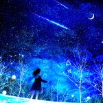  1girl cloud cloudy_sky commentary crescent_moon dress english_commentary falling_star from_behind full_body highres kumeki_(kk4615) long_hair looking_up moon original scenery sky socks solo star_(sky) starry_sky tree white_socks 