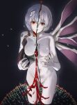  1girl absurdres apocalypse ayanami_rei blood blue_hair bodysuit breasts end_of_evangelion gold_can hair_between_eyes highres neon_genesis_evangelion pilot_suit plugsuit red_eyes short_hair white_bodysuit white_hair 