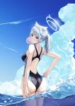  1girl absurdres adjusting_clothes adjusting_swimsuit animal_ear_fluff animal_ears ass aura bangs bare_arms black_one-piece_swimsuit blue_archive blue_sky bubble_blowing cat_ears chewing_gum cloud competition_swimsuit cowboy_shot cross_hair_ornament day fieryonion hair_ornament head_tilt highres long_hair looking_at_viewer looking_back one-piece_swimsuit outdoors ponytail shiroko_(blue_archive) shiroko_(swimsuit)_(blue_archive) shoulder_blades sidelocks sky solo swimsuit wading white_hair 