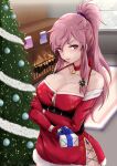  1girl alternate_costume bare_shoulders bell blush breasts button_gap chest_belt christmas_lights christmas_ornaments christmas_stocking christmas_tree cleavage cross-laced_slit crossed_arms detached_sleeves dress elbow_gloves fire fire_emblem fire_emblem:_the_sacred_stones fireplace gift gloves hair_ornament hair_tie highres indoors large_breasts long_hair looking_at_viewer marisa_(fire_emblem) neck_bell pink_hair ponytail pout purple_eyes santa_dress short_dress skindentation snowflake_print snowing solo sweatdrop upper_body vialnite window_fog 