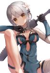  1girl bandages commentary highres kaine_(nier) lingerie looking_at_viewer nier nier_(series) sitting solo sword underwear usami_(usami_l) weapon white_hair yellow_eyes 