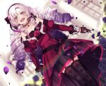  1girl :d argyle argyle_legwear black_choker black_gloves black_thighhighs blurry blurry_background choker collarbone detached_sleeves dress drill_hair dutch_angle garter_straps gloves gradient_hair hyakumantenbara_salome kkochmeli long_hair long_sleeves looking_at_viewer multicolored_hair nijisanji open_mouth purple_hair red_dress red_eyes red_sleeves shiny shiny_hair short_dress smile solo standing strapless strapless_dress thighhighs very_long_hair virtual_youtuber white_hair zettai_ryouiki 