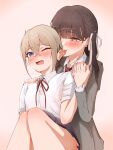  2girls :o ;o baio_rin bare_legs biting biting_ear black_hair black_skirt blonde_hair blunt_bangs blush braid breath commentary crossed_bangs ear_blush fang fang_out grey_jacket hair_between_eyes hair_ribbon hand_on_another's_shoulder highres holding_hands interlocked_fingers jacket kimi_no_koto_ga_dai_dai_dai_dai_daisuki_na_100-nin_no_kanojo long_hair long_sleeves miniskirt multiple_girls neck_ribbon necktie nose_blush ohananomitsu_high_school_uniform ohananomitsu_middle_school_uniform one_eye_closed pink_background pleated_skirt purple_eyes red_eyes red_necktie red_ribbon ribbon school_uniform shirt shizumetto_4300 short_hair short_sleeves simple_background skin_fang skirt sutou_iku white_ribbon white_shirt wince wing_collar yuri 