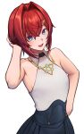  1girl :d absurdres ange_katrina ange_katrina_(summer_casual) bare_shoulders black_skirt blue_eyes blush breasts collared_shirt commentary gold_necklace gradient_eyes hair_between_eyes hair_intakes hair_ornament hairclip halter_shirt halterneck hand_in_own_hair hand_on_own_hip hand_up highres jewelry looking_at_viewer medium_hair multicolored_eyes necklace nijisanji open_mouth pleated_skirt purple_eyes red_hair shirt shirt_tucked_in sideboob simple_background skirt sleeveless sleeveless_shirt small_breasts smile solo tatamatsu teeth triangle_hair_ornament upper_body upper_teeth_only virtual_youtuber white_background white_shirt 