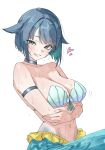  1girl absurdres armlet arms_under_breasts bare_shoulders bikini black_choker blue_hair blue_scales blue_tail borrowed_character breasts choker cleavage collarbone colored_inner_hair crossed_arms fukami_nana_(awono_nanaumi) green_eyes green_hair groin hair_between_eyes hair_flaps heart highres jewelry large_breasts looking_at_viewer medium_hair merfolk mermaid monster_girl multicolored_hair navel original plamja_jukov shell shell_bikini simple_background sketch skirt smile solo swimsuit two-tone_hair wet white_background 