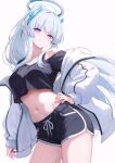  1girl black_shirt black_shorts blue_archive breasts coat commentary cropped_shirt dolphin_shorts halo highres long_hair looking_at_viewer mechanical_halo medium_breasts midriff navel nezumi_(09261377) noa_(blue_archive) purple_eyes shirt shorts simple_background smile solo thighs very_long_hair white_background white_coat white_hair 