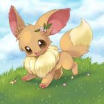  :d animal_focus brown_eyes cloud commentary eevee flower fluffy fox grass hair_flower hair_ornament highres leaf light_blush neck_fur no_humans outdoors pawpads pink_flower pokemon pokemon_(creature) pokemon_focus running sky smile solo suppainu 