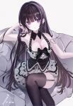  1girl armchair bare_arms bare_shoulders black_bow black_hair black_nails black_thighhighs bow breasts chair cleavage closed_mouth commentary crossed_legs dress english_commentary face_piercing fingernails garter_straps grey_background grey_dress hand_up highres iren_lovel large_breasts lip_piercing long_fingernails long_hair nail_polish on_chair original piercing purple_eyes simple_background solo thighhighs very_long_hair 