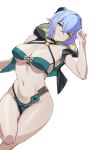  1girl absurdres alternate_costume animal_ears arm_up bikini black_jacket blue_hair breasts choker cleavage commentary_request cowboy_shot goat_ears goat_girl goat_horns green_bikini hair_between_eyes highres hood horns jacket jinling_ovo large_breasts looking_at_viewer lucia_elowen pointy_ears short_hair simple_background solo stomach strapless strapless_bikini swimsuit white_background yellow_eyes zenless_zone_zero 