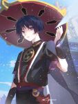 1boy arm_at_side armor black_hair black_kimono black_shorts black_sleeves blue_pupils blue_sky blunt_ends building choppy_bangs cloud cloudy_sky cnorkie commentary eyeliner furisode genshin_impact gold hair_intakes hand_up hat highres japanese_armor japanese_clothes jewelry jingasa juban kimono kote kurokote kusazuri layered_sleeves looking_past_viewer makeup male_focus mandarin_collar mitsudomoe_(shape) neck_ring o-ring open_clothes open_hand open_kimono outdoors parted_lips purple_eyes purple_sash purple_sleeves red_eyeliner red_hat red_kimono red_sash sash scaramouche_(genshin_impact) scaramouche_(harbinger)_(genshin_impact) short_sleeves shorts sketch sky snowing solo tomoe_(symbol) tsurime twitter_username untranslatable_commentary upper_body white_kimono white_mouth wolf_cut 