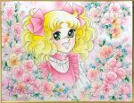  1970s_(style) 1girl :d apron blonde_hair blue_flower border bow brown_border candice_white_ardlay candy_candy_(series) choker falling_petals flower frilled_choker frills green_eyes hair_bow igarashi_yumiko looking_at_viewer medium_hair official_art open_mouth painting_(medium) petals pink_apron pink_bow pink_choker pink_flower pink_petals retro_artstyle shirt smile solo sparkling_eyes third-party_source traditional_media twintails upper_body white_shirt yellow_flower 