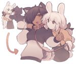  2girls animal_collar animal_ear_fluff animal_ears arrow_(symbol) black_bow black_eyes black_hair blonde_hair bow braid brown_eyes closed_mouth collar couple cowboy_shot cropped_legs cropped_torso dark-skinned_female dark_skin dog_ears dog_girl dog_tail expressionless eye_contact fluffy_hair flustered hair_bow hair_over_one_eye half-closed_eyes holding holding_leash iahtruong kabedon leash long_hair long_sleeves looking_at_another motion_lines multiple_girls one_eye_covered original puffy_long_sleeves puffy_short_sleeves puffy_sleeves rabbit_ears rabbit_girl rabbit_tail reversible_couple short_hair short_sleeves simple_background single_braid small_sweatdrop standing sweater tail tail_wagging thick_eyebrows upper_body white_background yuri 