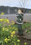  1girl absurdres ahoge blonde_hair blue_eyes coat commentary_request cup flower full_body fur-trimmed_coat fur_trim green_coat grey_sky gun gun_on_back highres holding holding_cup hood hood_down long_sleeves outdoors pants rifle shoujo_shuumatsu_ryokou shubaibai sky solo standing steam weapon weapon_on_back yellow_flower yuuri_(shoujo_shuumatsu_ryokou) 