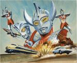  4boys blue_sky car character_request colored_skin compound_eyes dorsal_fin explosion family high-speed_train horns kaiju kajita_tatsuji male_focus mitsubishi_t-2 motor_vehicle multicolored_skin multiple_boys official_art painting_(medium) red_skin shinkansen signature silver_skin sky sports_car standing third-party_source tokusatsu traditional_media train ultra_beam ultra_series ultraman ultraman_(1st_series) ultraman_ace ultraman_ace_(series) ultraman_tarou ultraman_tarou_(series) vehicle_request white_car yellow_eyes zoffy_(ultra_series) 