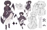  1girl :t ankle_boots arm_up black_boots black_eyes black_hair black_ribbon boots bow character_name closed_mouth cowboy_shot cross-laced_clothes eating english_text expressionless eyes_visible_through_hair fluffy_hair food frills high_collar holding holding_food holding_weapon iahtruong iris_(iahtruong) jitome leg_up legs_apart long_sleeves looking_at_viewer looking_back looking_to_the_side motion_lines multiple_views no_nose original partially_colored petticoat reference_sheet ribbon short_hair simple_background sparkle_hair_ornament standing upper_body weapon white_background white_bow x_(symbol) 