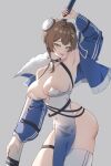  1girl 3543045829 arm_up ass blue_jacket breasts brown_hair bun_cover chaos_zero_nightmare commentary_request covered_navel double_bun green_eyes grey_background hair_bun holding holding_sword holding_weapon jacket large_breasts long_sleeves looking_at_viewer mole mole_on_breast mole_under_mouth pelvic_curtain sheath sheathed simple_background single_thighhigh smile solo sword thigh_strap thighhighs tongue tongue_out weapon white_thighhighs yuki_(chaos_zero_nightmare) 