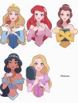  5girls absurdres aladdin_(disney) ariel_(disney) aurora_(disney) bandeau bare_shoulders beauty_and_the_beast_(disney) belle_(disney) black_hair blonde_hair blue_bandeau blue_dress blue_eyes blue_hairband book breasts brown_eyes brown_hair brushing_hair cleavage crop_top cropped_torso dark-skinned_female dark_skin detached_sleeves disney dress earrings elbow_gloves flower fork frying_pan gloves gold_earrings gold_necklace green_eyes hair_flower hair_ornament hairband highres holding holding_book holding_flower holding_fork holding_frying_pan jasmine_(disney) jewelry juliet_sleeves long_hair long_sleeves looking_at_viewer low-tied_long_hair low_neckline medium_breasts midriff moko_eaka multiple_girls navel necklace off-shoulder_dress off_shoulder parted_bangs parted_lips pink_dress pink_lips portrait puffy_sleeves purple_eyes rapunzel_(disney) red_flower red_hair red_lips red_rose rose sleeping_beauty_(disney) smile square_neckline swept_bangs tan tangled teardrop_earrings the_little_mermaid_(disney) tiara updo upper_body white_background white_flower yellow_dress yellow_gloves 