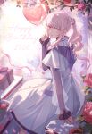  1other absurdres akiyama_mizuki amid_the_wavering_light_(project_sekai) balloon blush bow box commentary dress english_commentary english_text flower gift gift_box happy_birthday heart_balloon highres long_hair looking_at_viewer nicewhen official_alternate_costume other_focus pink_eyes pink_hair project_sekai side_ponytail sidelocks smile white_dress 