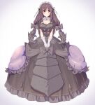  1girl black_dress blush bow breasts brown_eyes brown_hair cleavage ddt_(darktrident) dress full_body gloves hair_bow highres looking_at_viewer maid_headdress medium_breasts overlord_(starcraft) personification simple_background solo starcraft wavy_mouth white_background white_gloves 