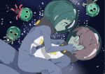  2girls blue_bodysuit blush bodysuit closed_mouth commentary_request commission feet_out_of_frame giroro green_hair helmet highres hinata_natsumi keroro keroro_gunsou koma_kitsune_(kururito) looking_at_another multiple_girls pink_hair shimotsuki_yayoi short_hair skeb_commission smile space_helmet spacesuit star_(symbol) tamama yuri 