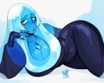 2girls achtzenn black_dress blue_diamond_(steven_universe) blue_eyes blue_nails blue_pearl_(steven_universe) blue_skin breasts chest_jewel cleavage colored_skin commentary diamond-shaped_pupils diamond_(shape) dress fingernails gem_(steven_universe) giant giantess highres huge_breasts long_fingernails looking_at_viewer lying multiple_girls on_side single_tear smile steven_universe symbol-shaped_pupils white_hair 
