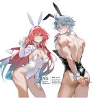  1boy 1girl ;) animal_ears aqua_hair ass black_leotard blue_eyes blush breasts cleavage commentary crossdressing crossdressing_(mtf) cyrene_(demiurge)_(honkai:_star_rail) cyrene_(honkai:_star_rail) diamond-shaped_pupils diamond_(shape) fake_animal_ears highres honkai:_star_rail honkai_(series) large_breasts leotard long_hair looking_at_viewer multicolored_hair one_eye_closed phainon_(honkai:_star_rail) pink_hair playboy_bunny purple_eyes rabbit_ears short_hair shrug_(clothing) simple_background smile ss_un17 symbol-shaped_pupils thighs untranslatable_commentary very_long_hair white_background white_hair white_leotard white_shrug wrist_cuffs 