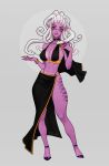  1girl artist_name bangle bare_legs black_dress bracelet breasts choker cleavage colored_skin commentary dress english_commentary fingernails full_body glasses greek_mythology high_heels highres jewelry lips living_hair long_hair looking_at_viewer medusa_(mythology) monster_girl navel nose olena_minko original petrification pink_skin pointy_ears red_eyes scales sharp_fingernails signature simple_background snake snake_hair solo toned toned_female white_snake 