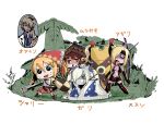  1boy 5girls belt belt_buckle blonde_hair blue_eyes boots braid breasts brown_boots brown_eyes brown_hair buckle buckler chibi commentary_request constricted_pupils covered_mouth dual_wielding fang fortress_(sekaiju) fortress_2_(sekaiju) full_body fur-trimmed_headwear fur_trim grey_hair hair_between_eyes hair_over_one_eye headscarf highres hoku holding holding_sword holding_weapon low_ponytail mask medic_(sekaiju_4) medic_1_(sekaiju_4) medium_breasts mouth_mask multiple_girls mystic_(sekaiju) mystic_2_(sekaiju) navel night_seeker_(sekaiju) night_seeker_4_(sekaiju) one_eye_covered open_mouth orange_hair plaid_clothes plaid_skirt ponytail red_headscarf rune_master_(sekaiju) rune_master_4_(sekaiju) saliva sekaiju_no_meikyuu sekaiju_no_meikyuu_4 shield skirt small_breasts smile staff standing sweat sword swordsman_(sekaiju_4) swordsman_4_(sekaiju_4) thigh_boots tongue tongue_out tower_shield translation_request twin_braids twintails weapon 