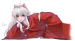  1boy animal_ears bead_necklace beads commentary_request dog_ears feet_out_of_frame fingernails furrowed_brow hair_between_eyes head_on_hand inuyasha inuyasha_(character) japanese_clothes jewelry kariginu light_frown long_hair male_focus momomo0z necklace orange_eyes pants red_pants red_shirt sharp_fingernails shirt sidelocks sigh solo tooth_necklace twitter_username white_background white_hair 