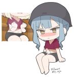  17aijo 2girls bang_dream! bang_dream!_it's_mygo!!!!! black_hat black_shorts blue_hair chinese_commentary closed_mouth commentary_request erection futanari hat highres misumi_uika multiple_girls official_art_inset penis red_shirt shirt shorts sidelocks simple_background sweat testicles togawa_sakiko white_background yellow_eyes 