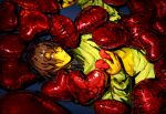  1other balloon brown_hair cerisendr colored_skin commentary deltarune green_shirt heart heart_balloon highres holding holding_heart kris_(deltarune) looking_at_viewer lying medium_hair on_back realistic red_soul_(utdr) shirt single_horizontal_stripe soul_(utdr) striped_clothes striped_sweater sweater two-tone_sweater untranslatable_commentary utdr_(toby_fox) yellow_shirt yellow_skin 